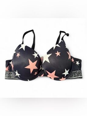 PINK Victoria's Secret Black Star Print T-Shirt Bra with Pink & White Stars